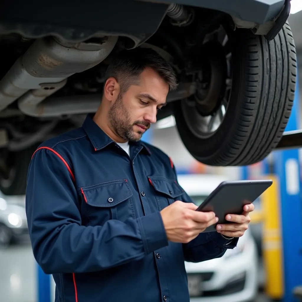 Car Mechanic Performing Vehicle Inspection