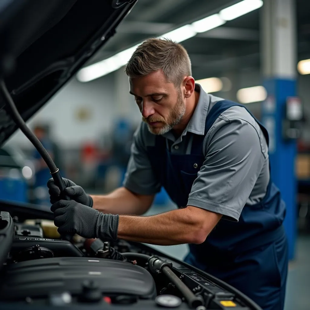 Car mechanic repairing engine