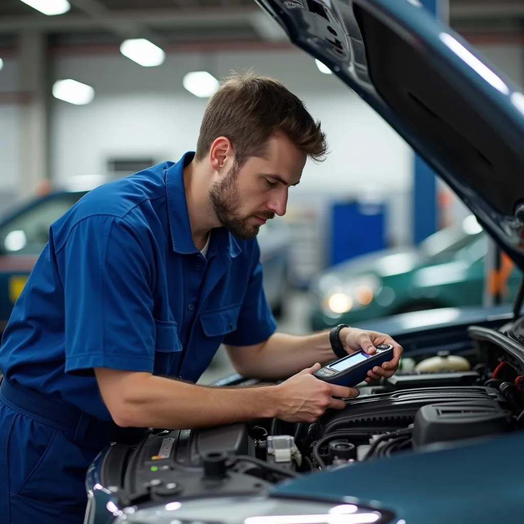 Mechanic inspecting a car engine in a repair shop