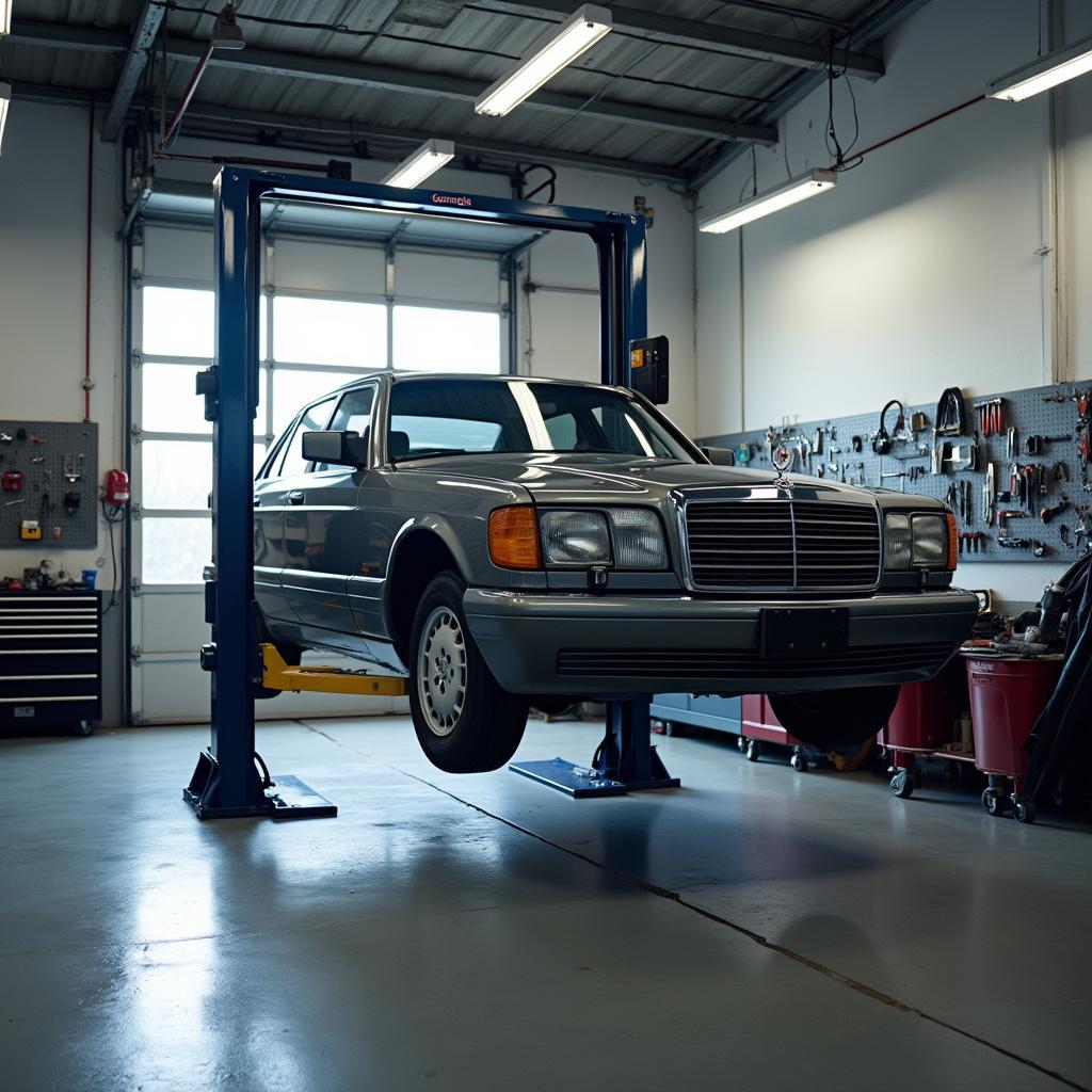 Car on a Lift in a Garage