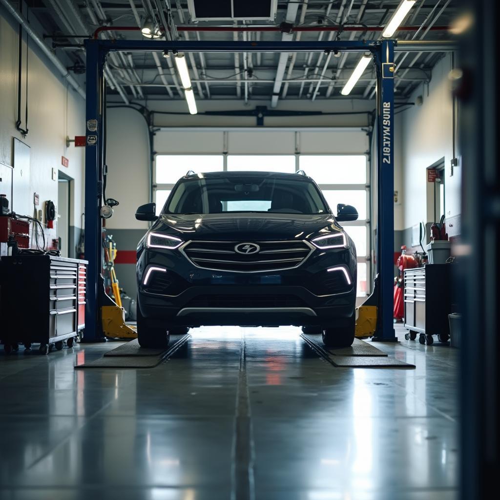 Car raised on a lift in a well-lit garage for inspection