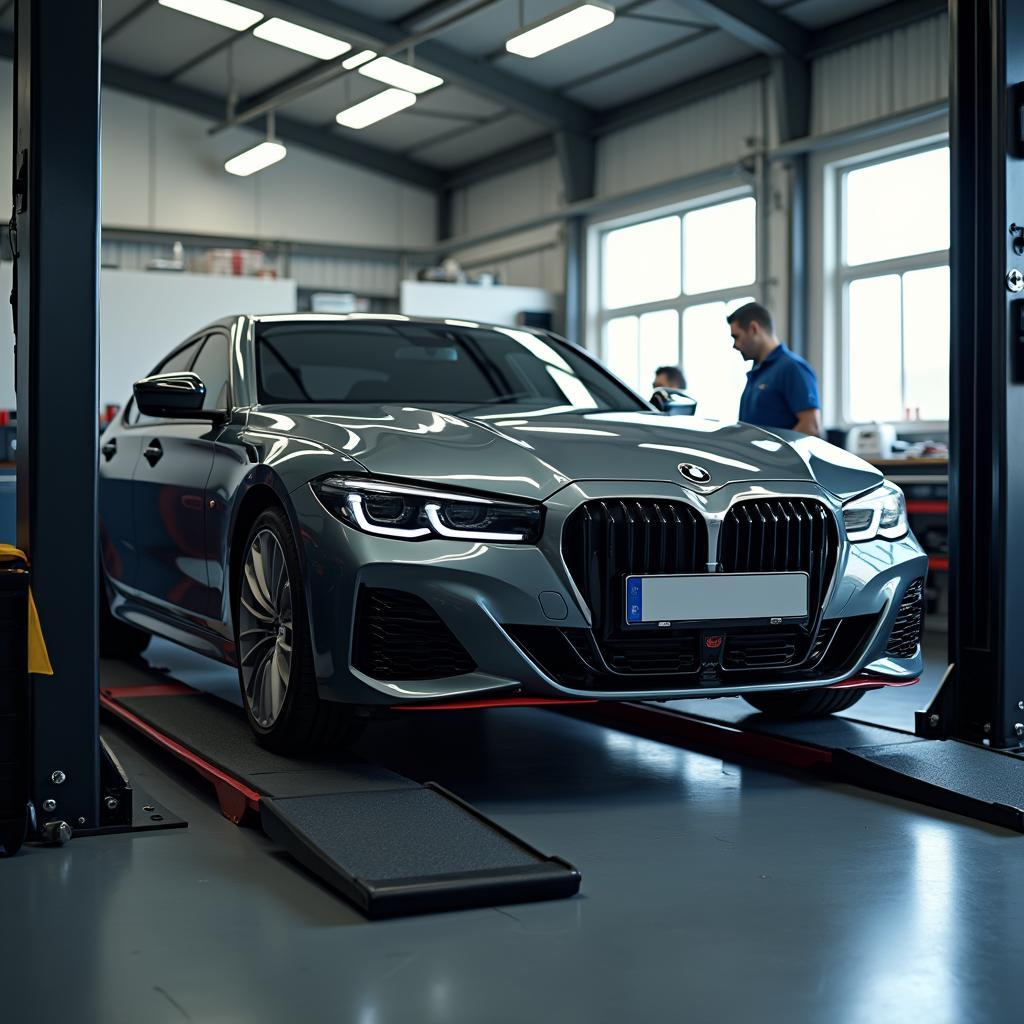 Car on a Lift in a Modern Auto Shop