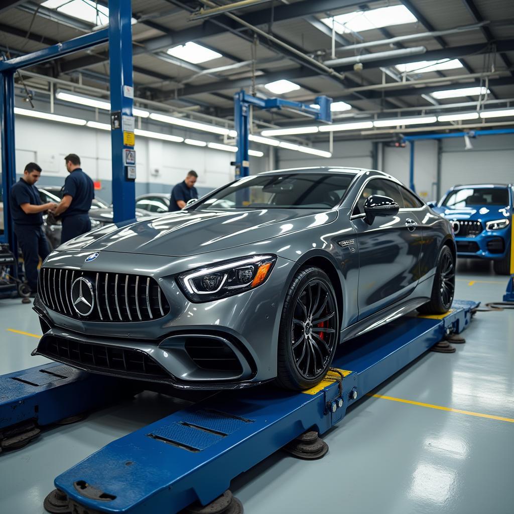 Car on a Lift in Repair Shop