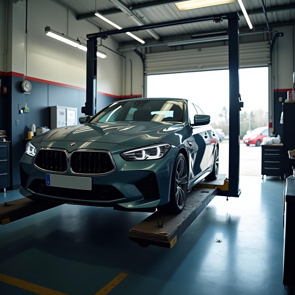 Car on a lift for alignment service