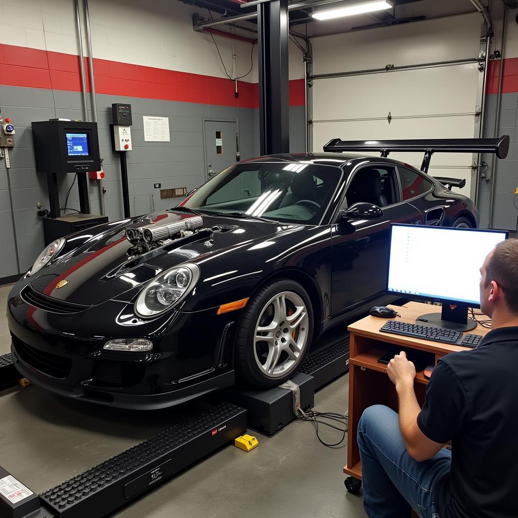 Sports car undergoing dyno testing in a professional facility