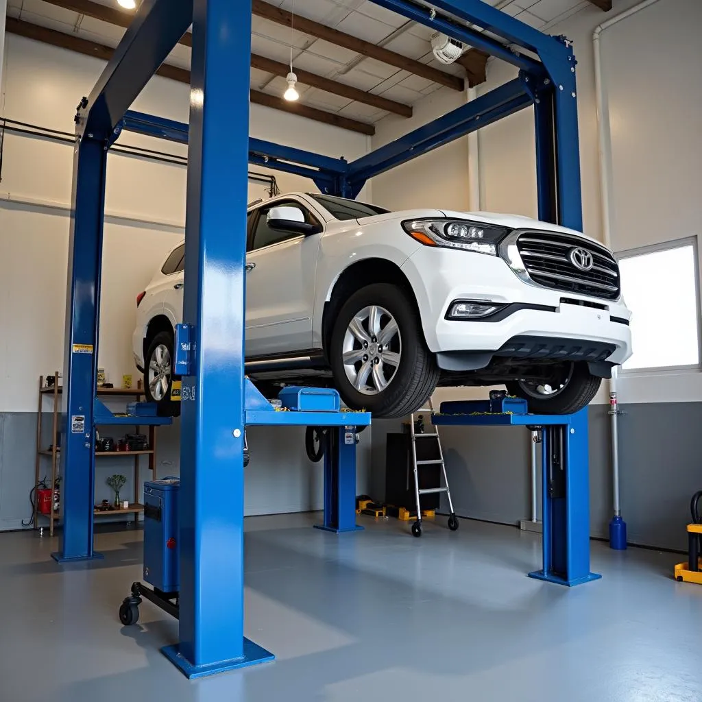 Car on a four-post lift for alignment