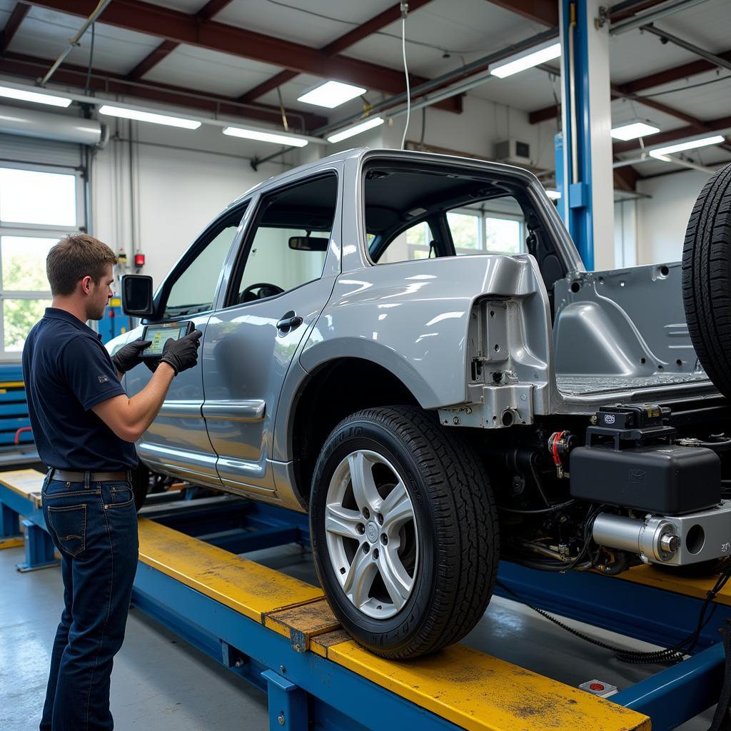 Vehicle undergoing frame straightening on a specialized machine