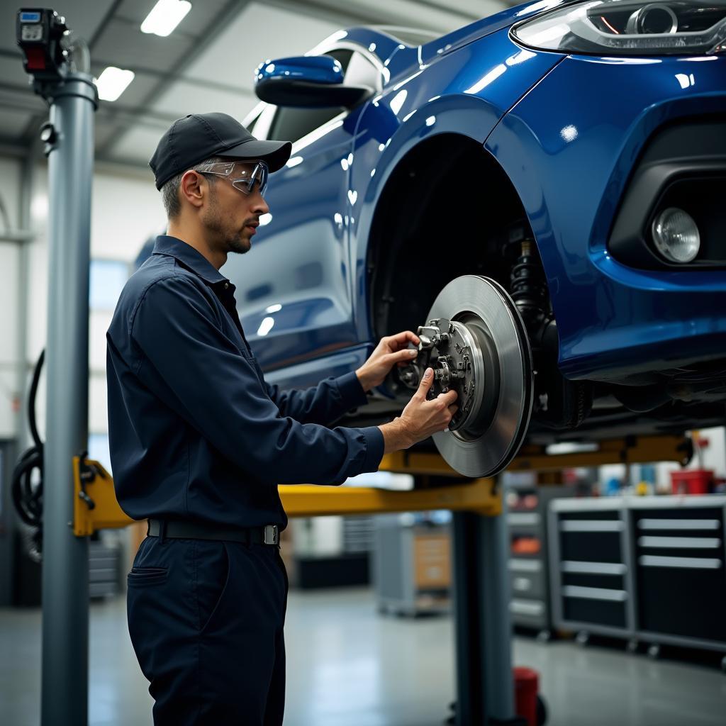 Mechanic Inspecting Car Brakes on a Lift