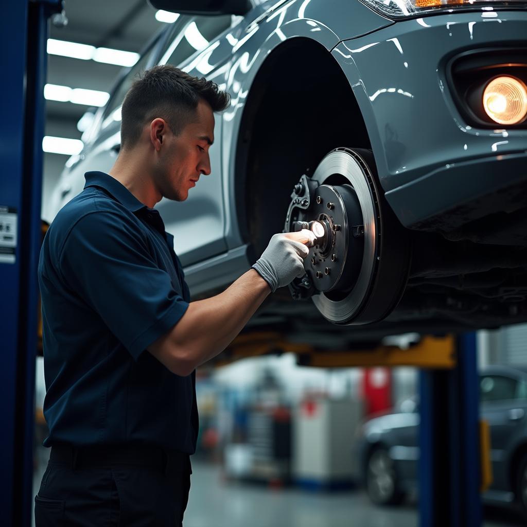 Car undergoing a brake inspection on a lift