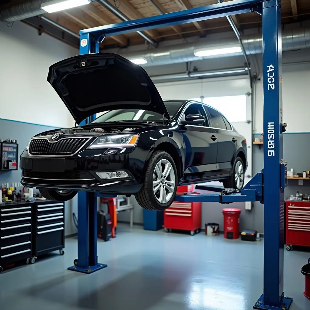 Vehicle Undergoing Inspection on a Lift