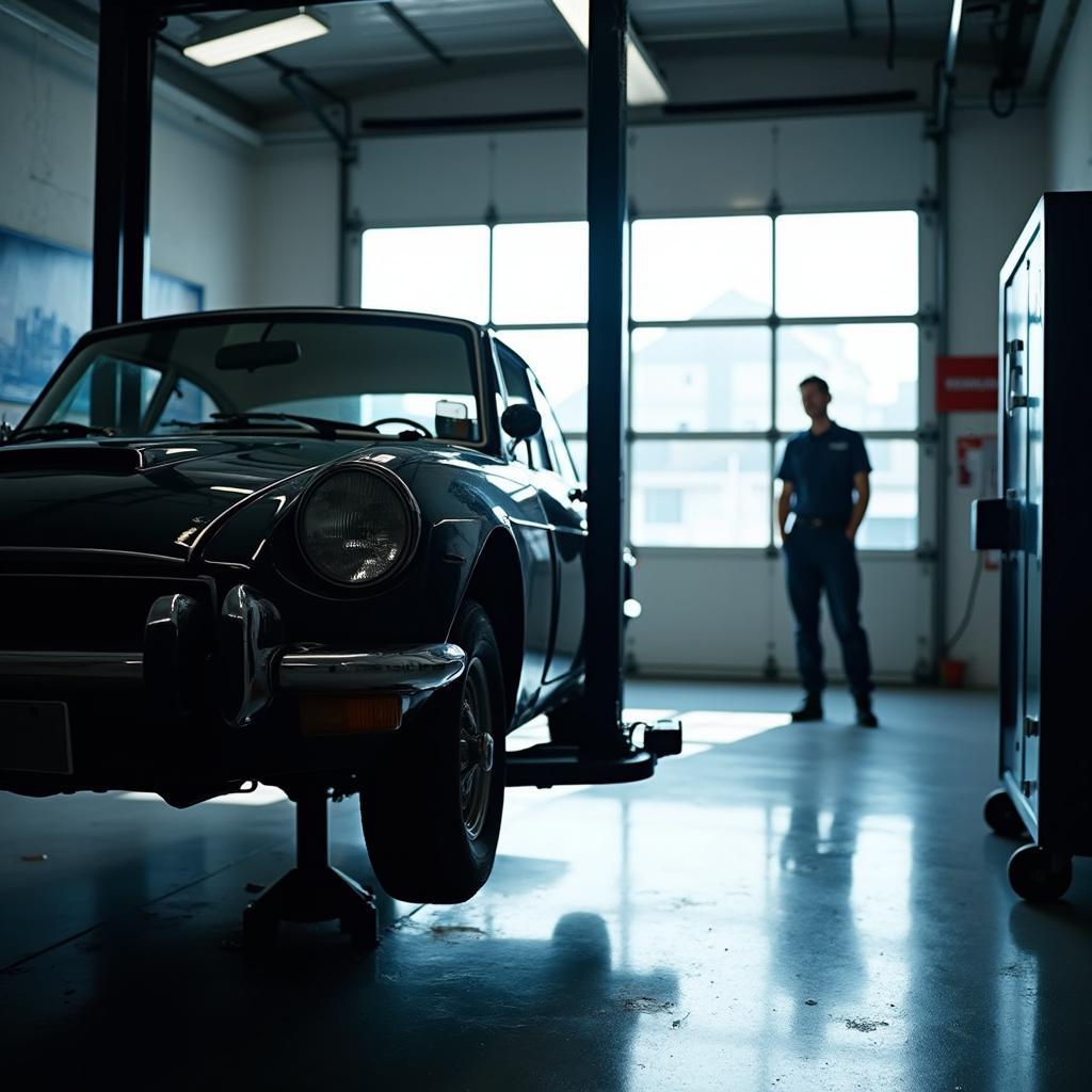 Car raised on a lift for inspection at an auto service center