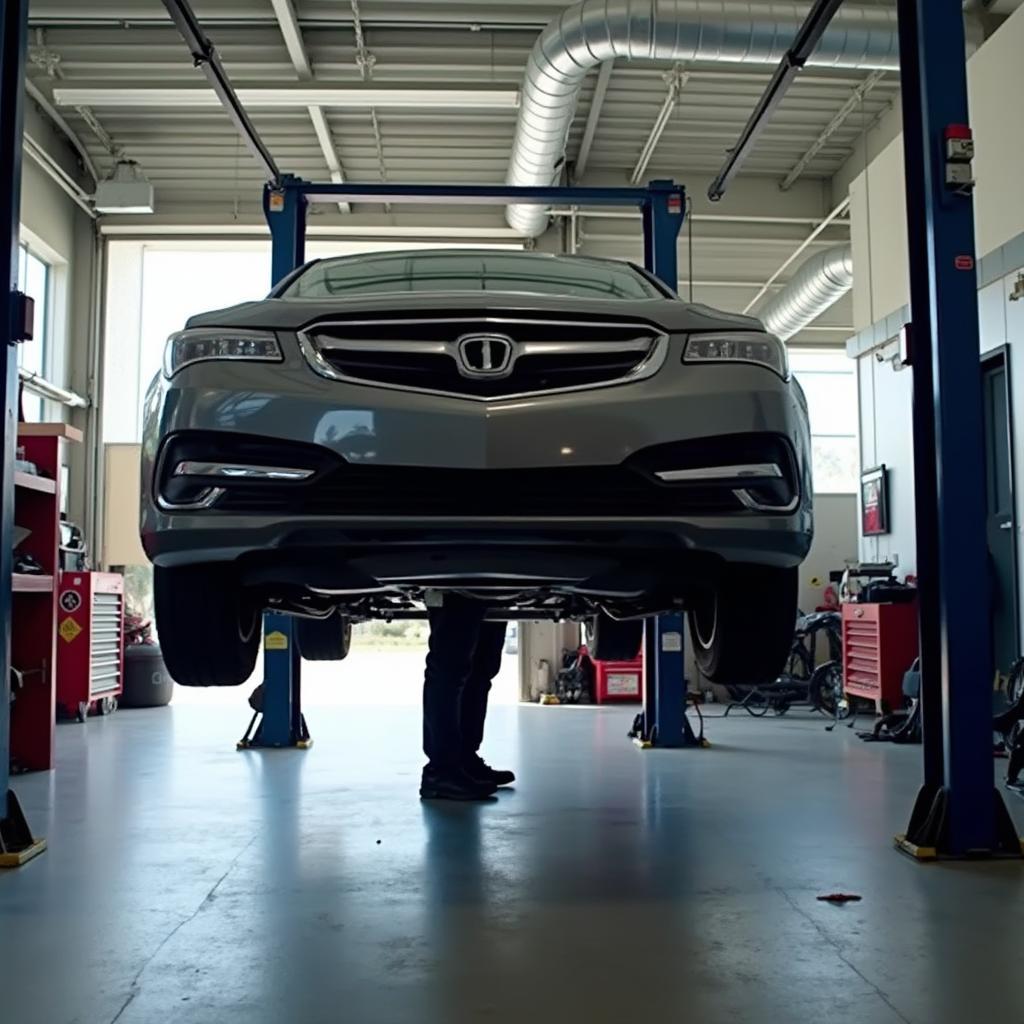 Car undergoing inspection on a lift