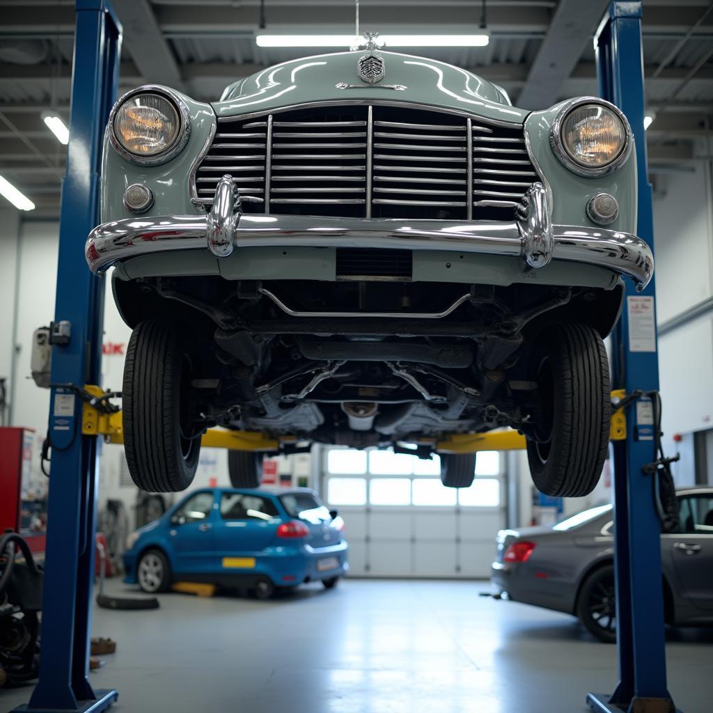 Car on Lift in Auto Service Shop