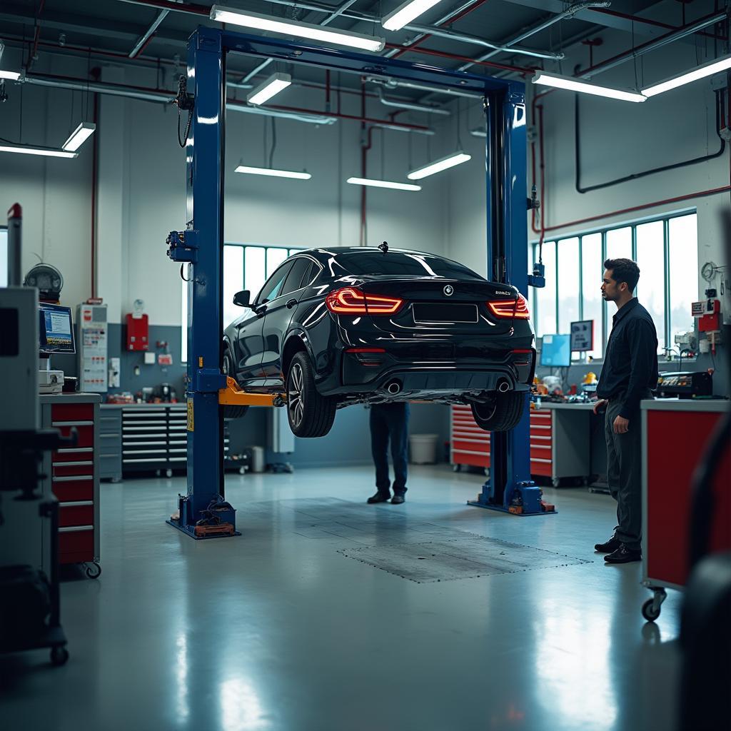 Car on Lift in Modern Repair Shop