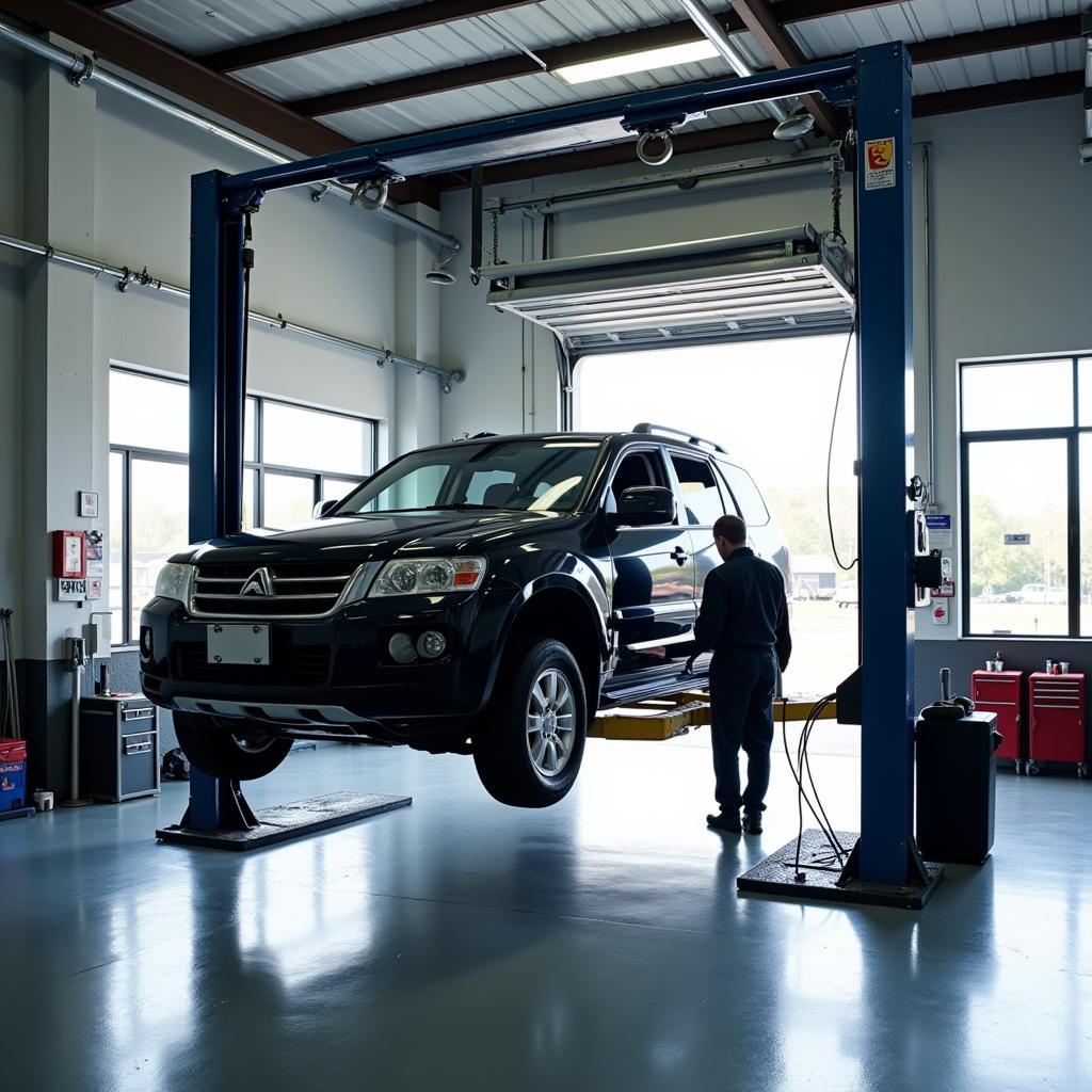 Car undergoing inspection on a lift in a professional auto service bay