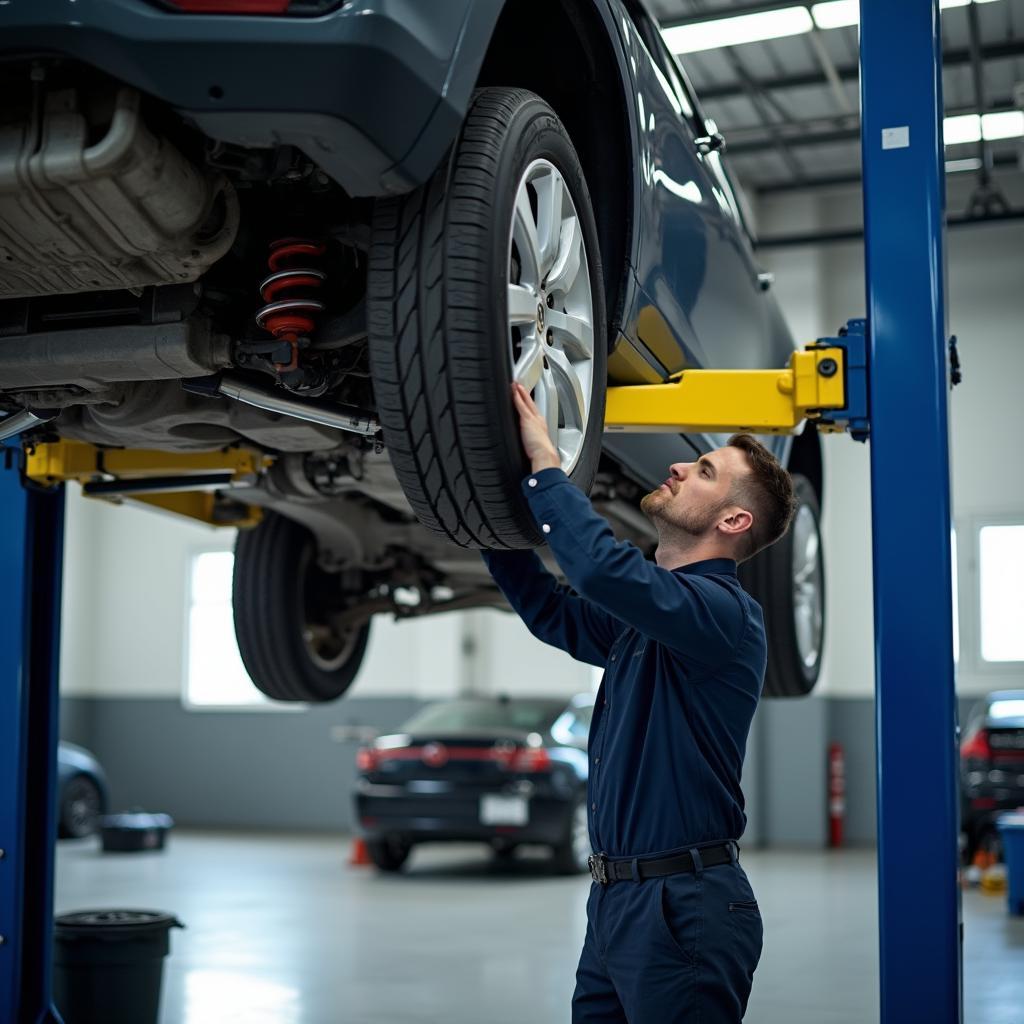 Mechanic Inspecting Car on Lift