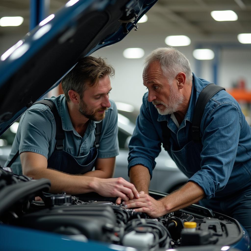 Car owner and mechanic discussing car repair under the hood