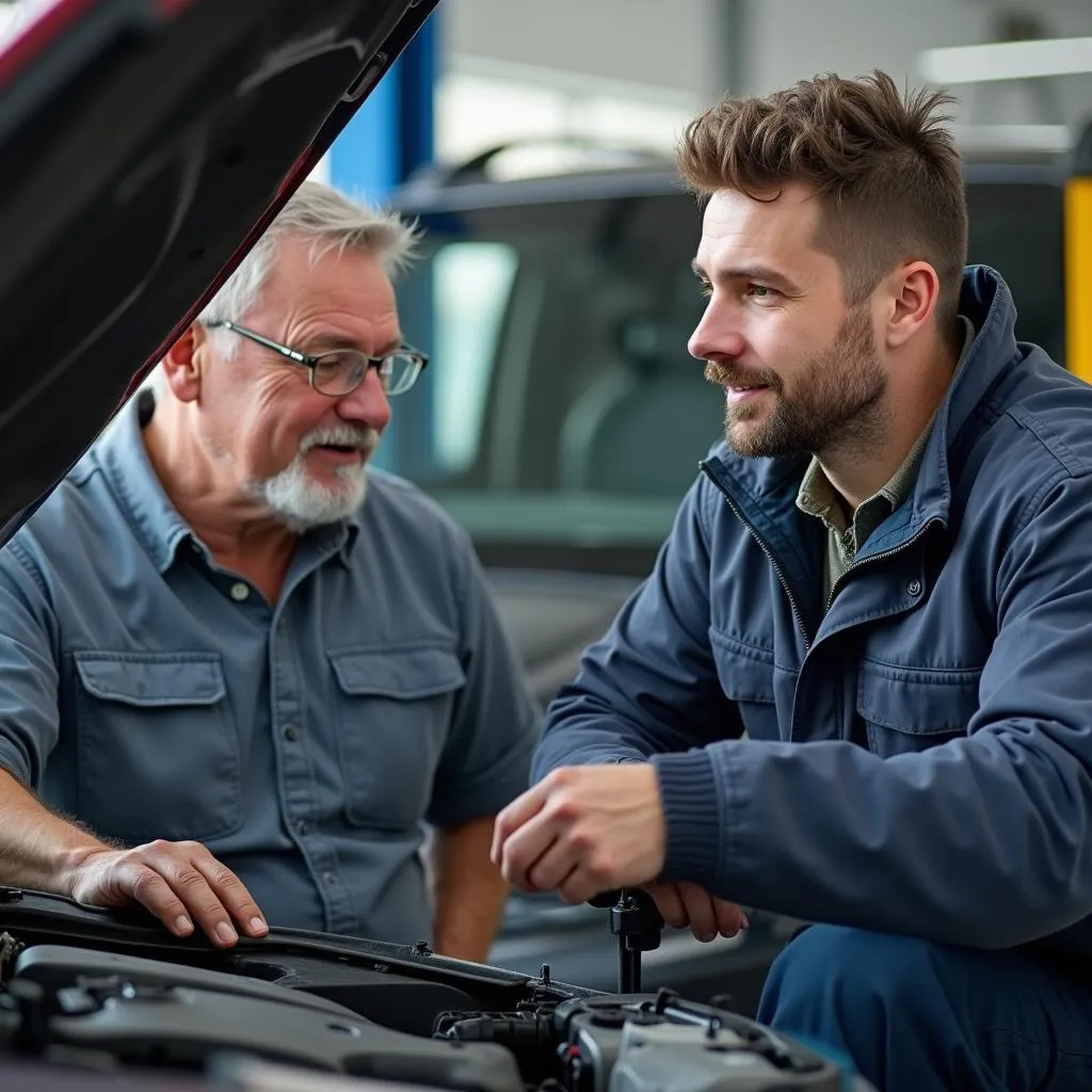 Car owner talking with a mechanic