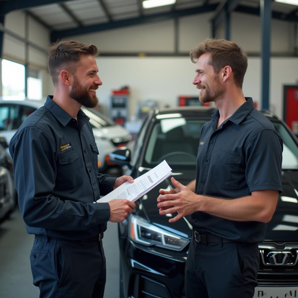 Car owner and mechanic discussing repairs