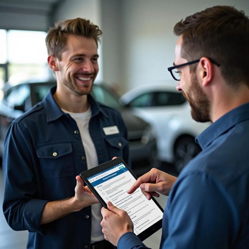 Car owner and service advisor discussing maintenance schedule