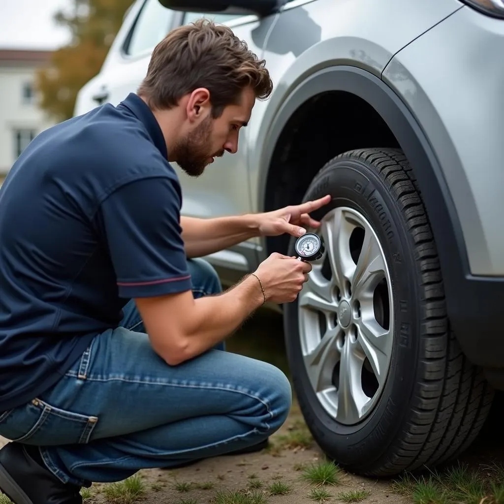 Car owner checking tire pressure with gauge