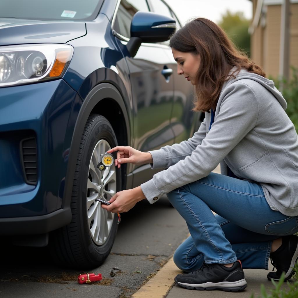 Car owner checking tire pressure