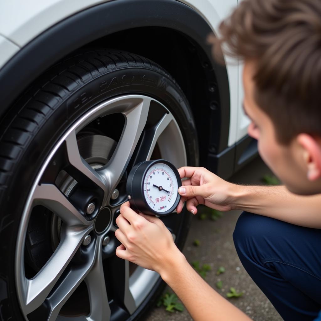 Car Owner Checking Tire Pressure