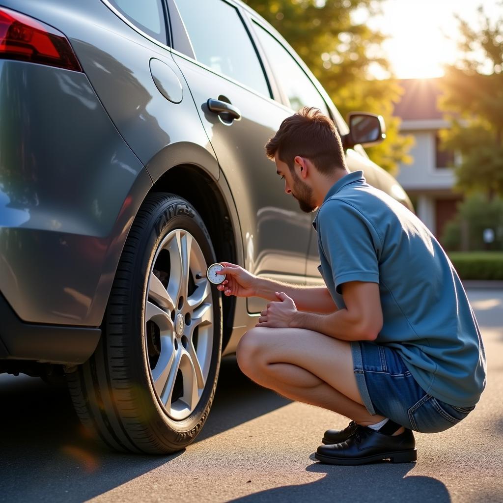 Car Owner Checking Tire Pressure in Sunrise Florida