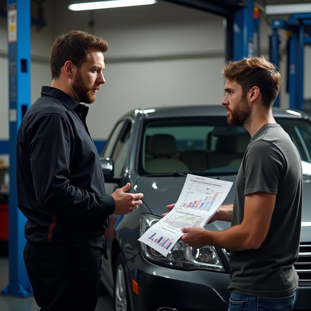 Car owner discusses diagnostics report with a mechanic in Pinellas County