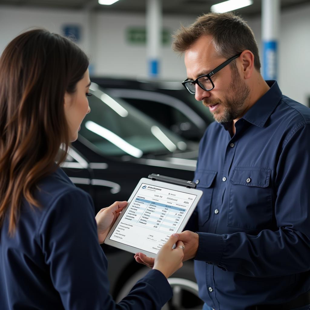 Car owner discussing repair costs with a mechanic