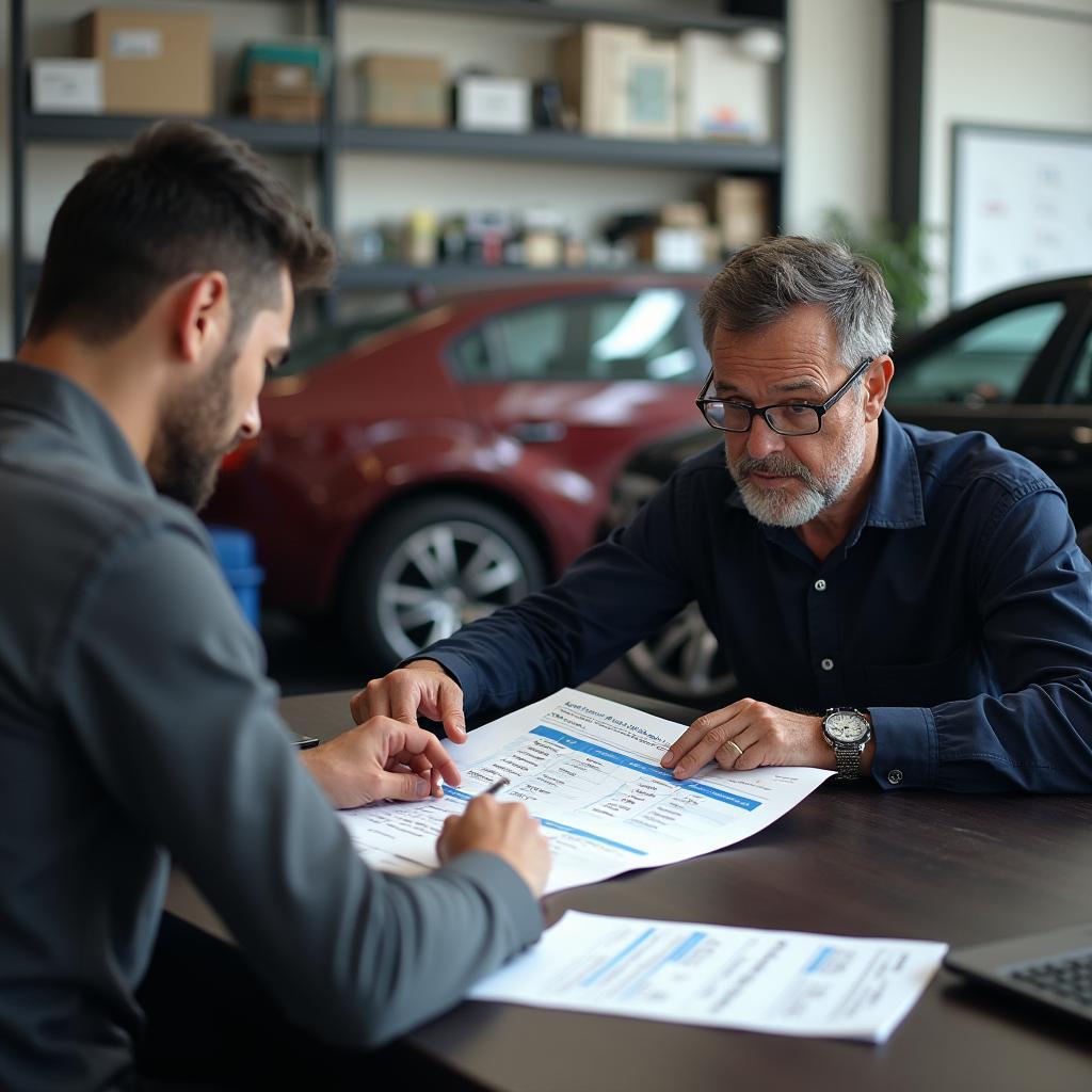 Car owner discussing repair estimate with mechanic in an auto service office