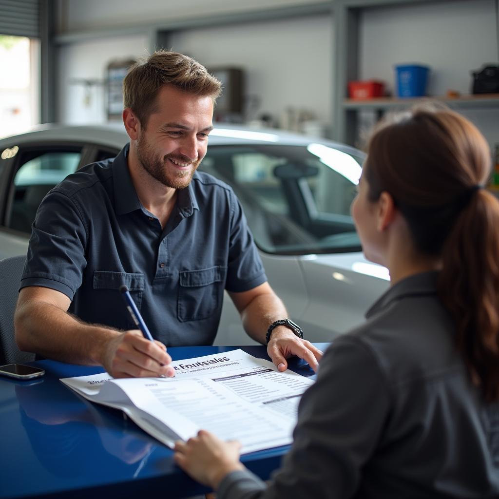 Car Owner Discussing Repair Options with a Service Advisor