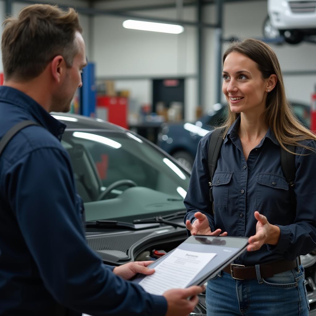 Car owner talking to mechanic about repair options