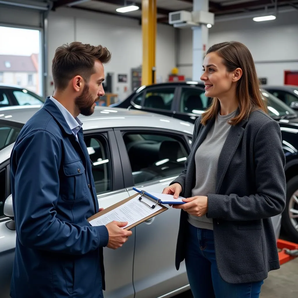 Car owner discussing repair options with a mechanic in Colorado Springs