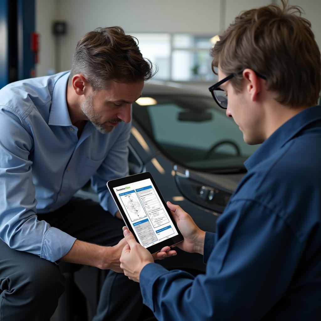 Customer consulting with a mechanic about their car