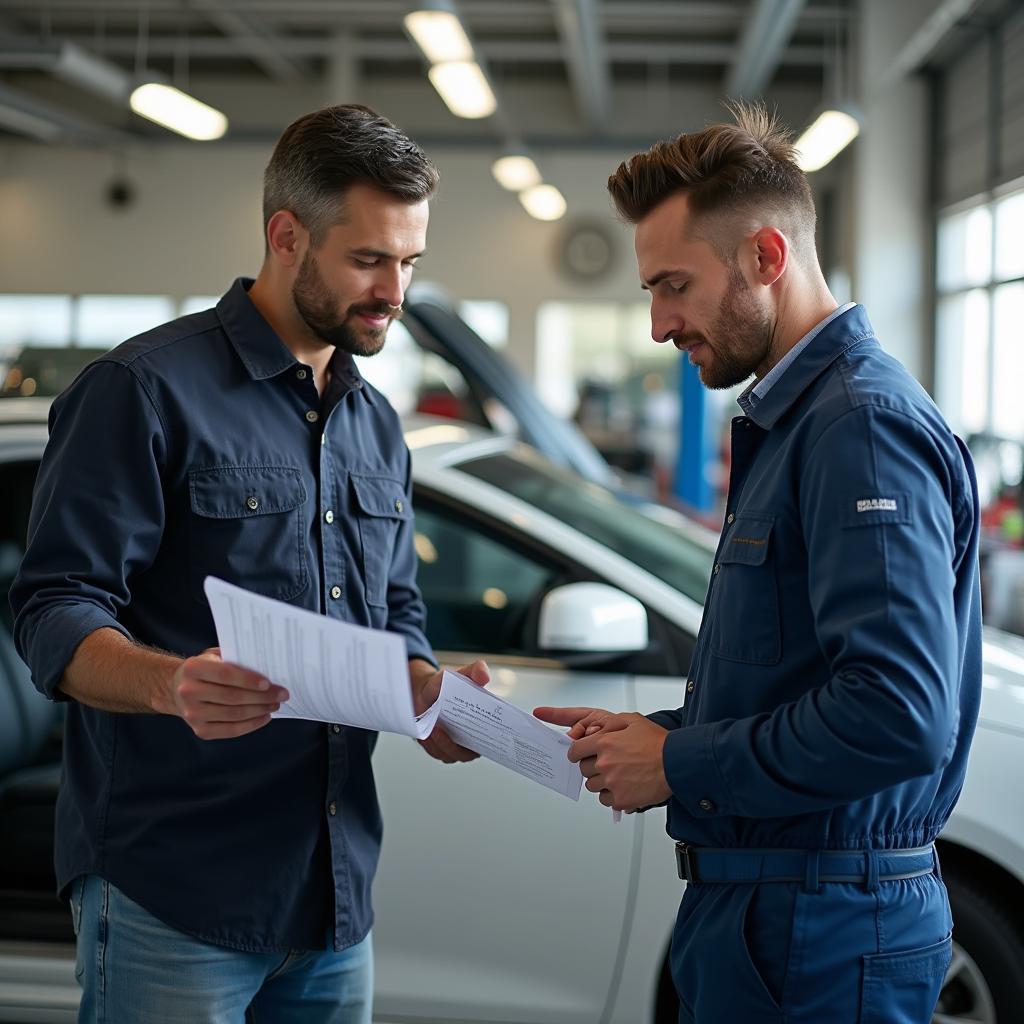 Car owner discussing repairs with mechanic