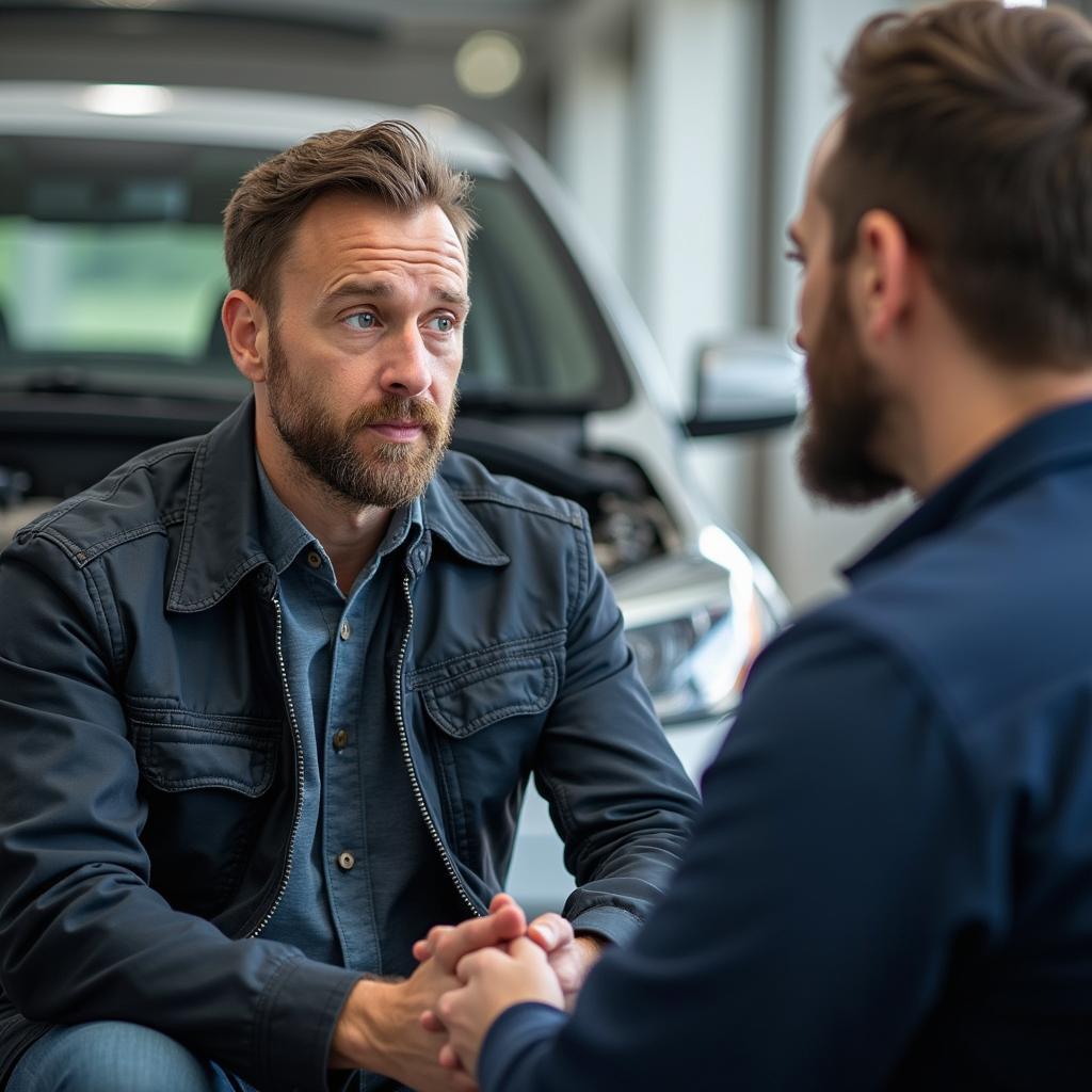 Car owner talking with a mechanic about their vehicle