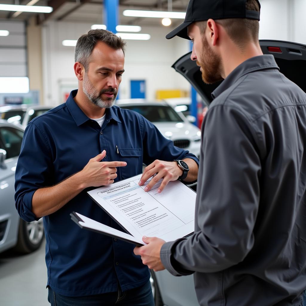 Car Owner Discussing Vehicle Maintenance Checklist with Service Advisor in Rio Rancho, NM