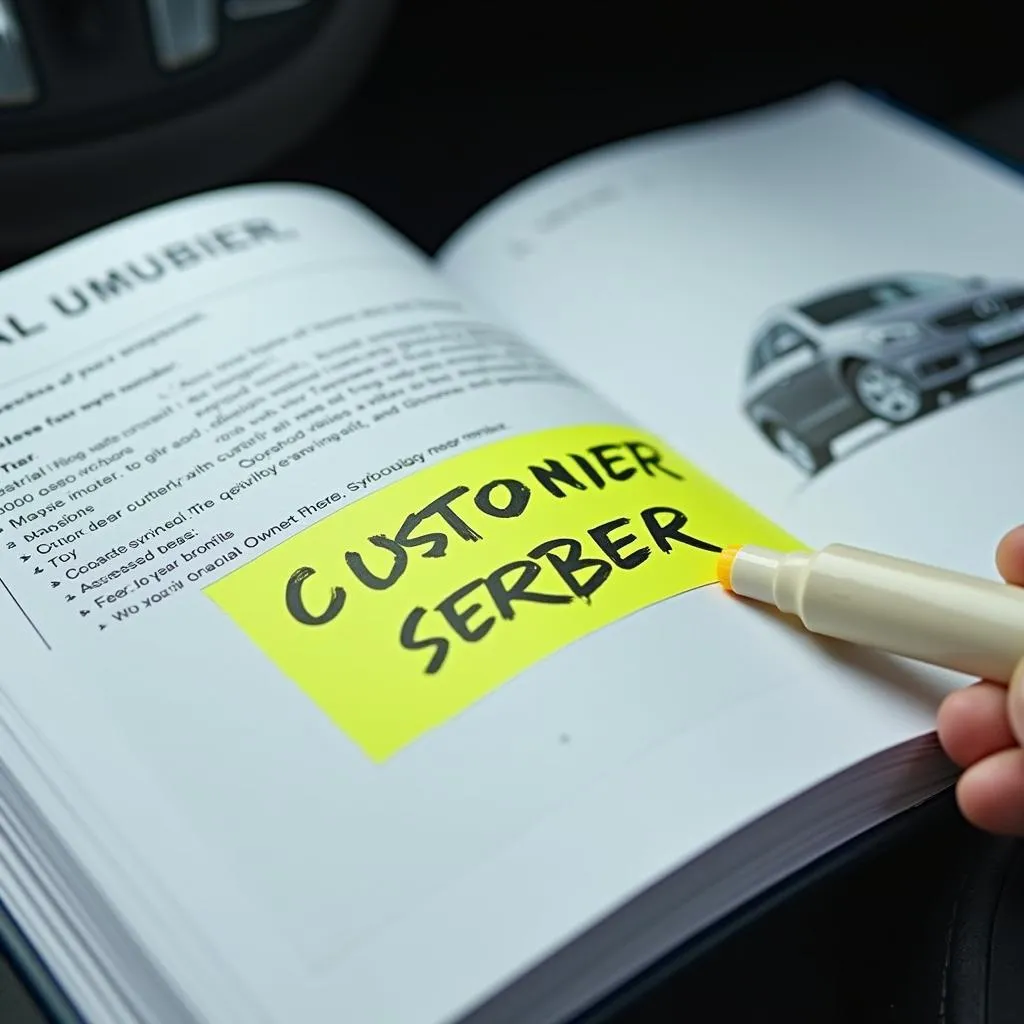 Open car owner's manual with highlighted customer service number