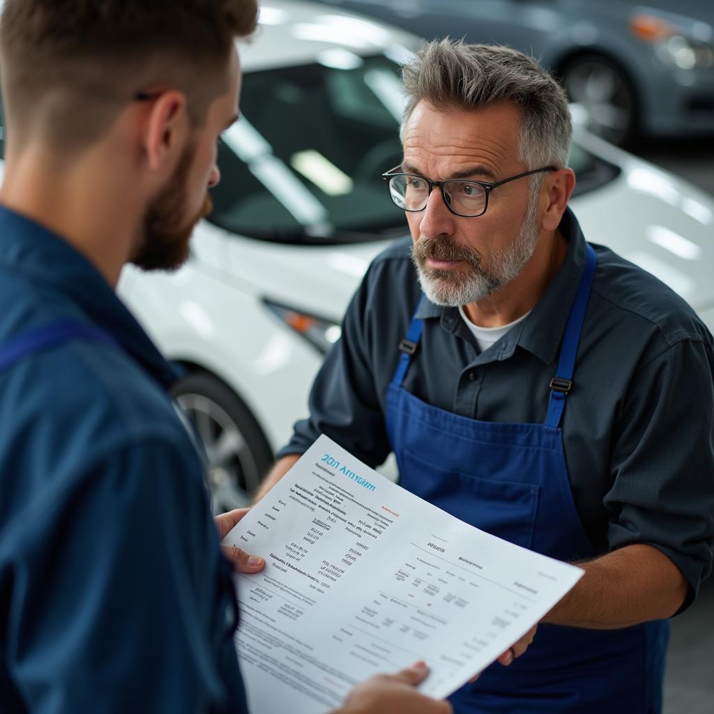 Car owner reviewing a repair estimate with a service advisor