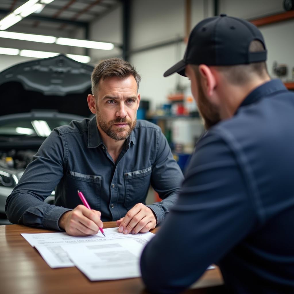 Car owner discussing a repair estimate with a mechanic