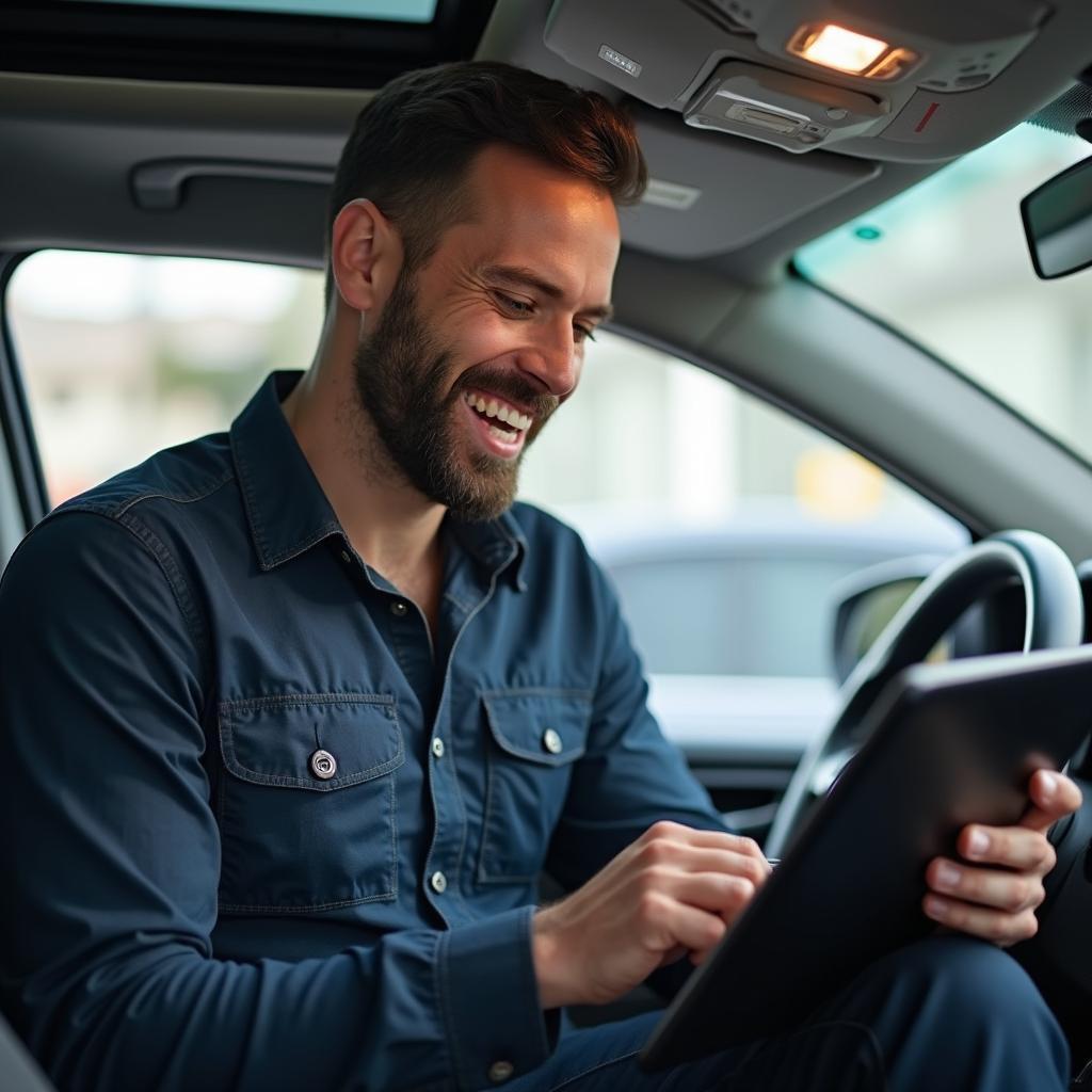 Car owner scheduling an appointment on a tablet.