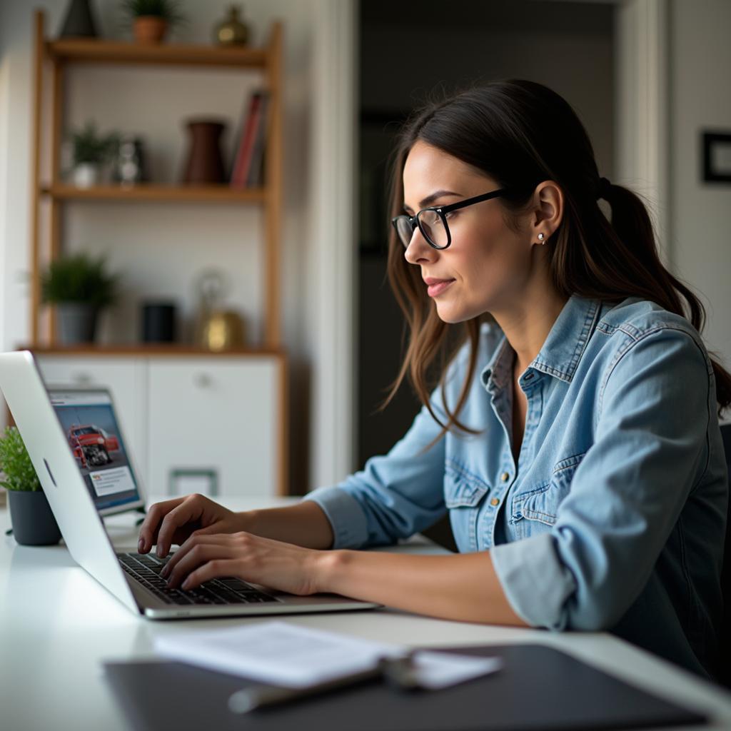 Woman researching car maintenance coupons online