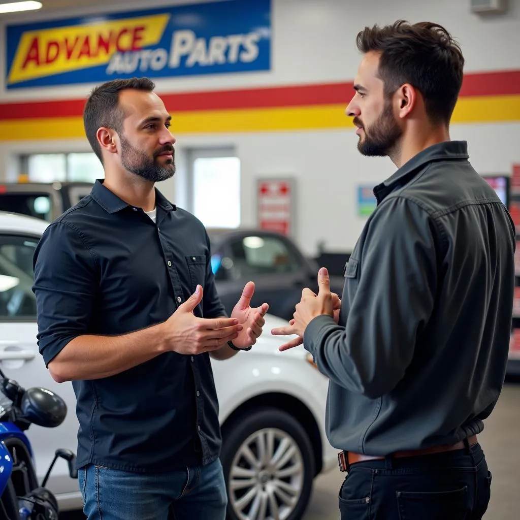 Car Owner Talking to Advance Auto Parts Staff