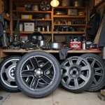 Car parts laid out on a workbench