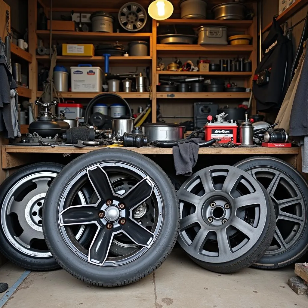 Car parts laid out on a workbench