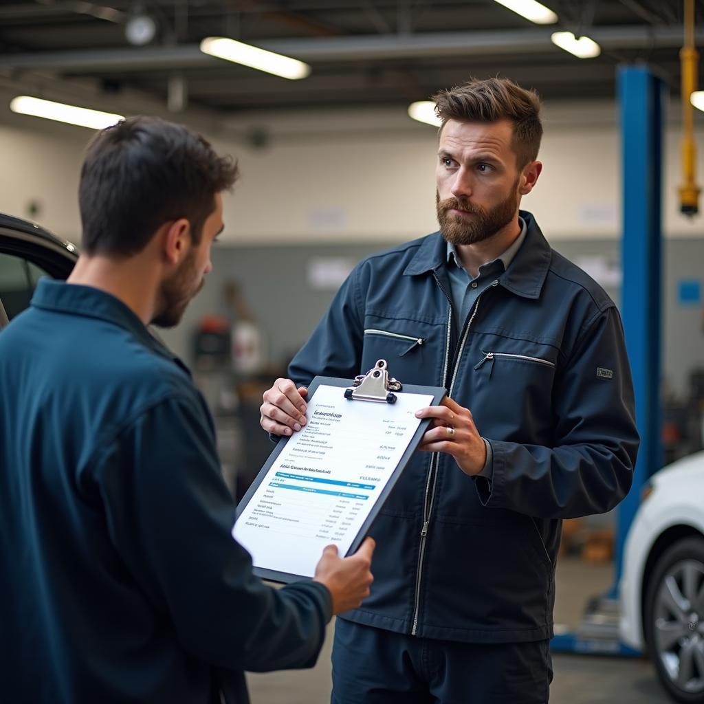 A mechanic handing a car repair bill to a surprised car owner.