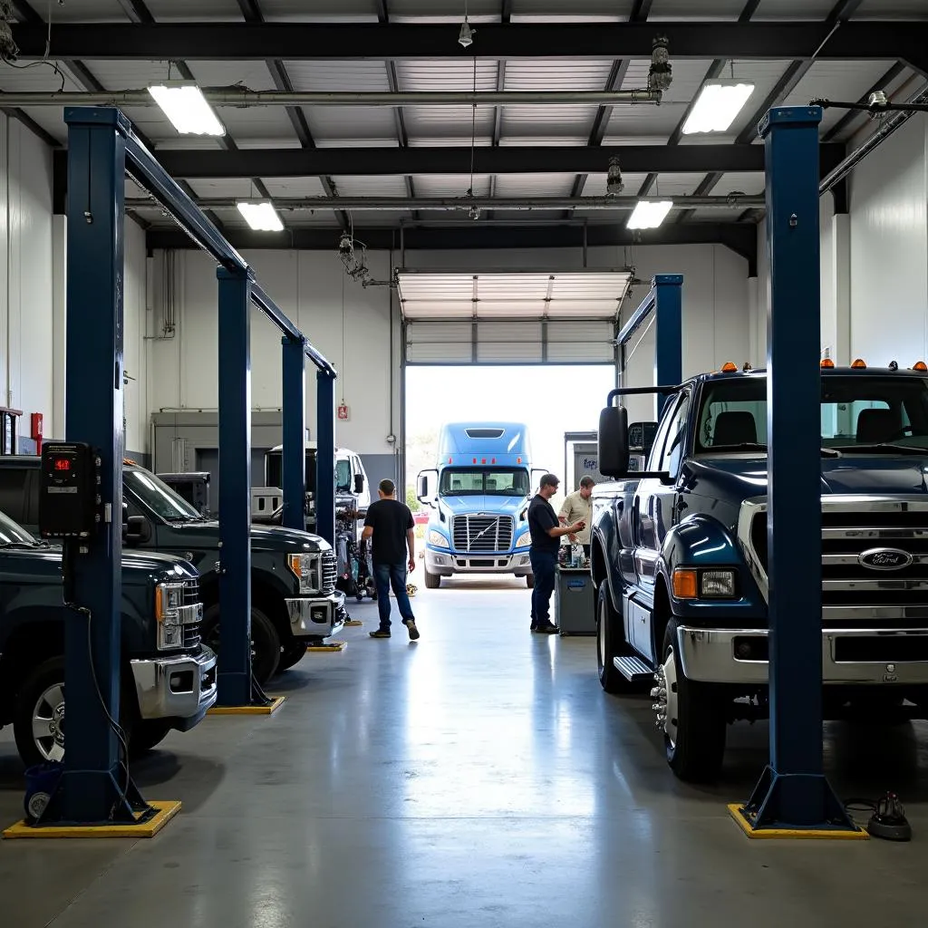 Car repair garage with mechanics working