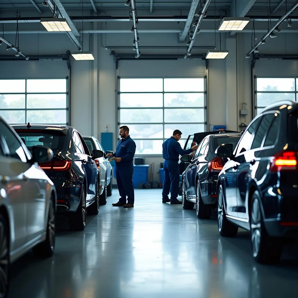 Car repair garage with mechanics working