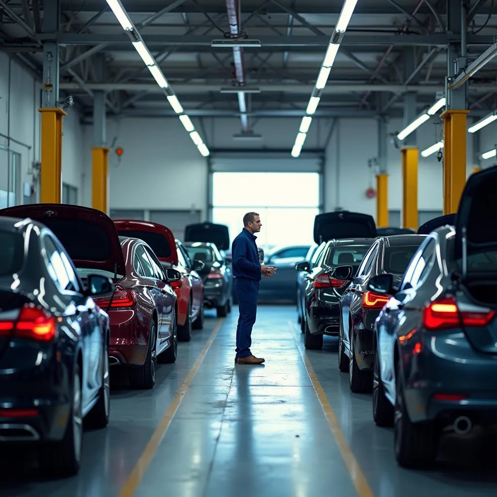 Car repair garage with mechanics working